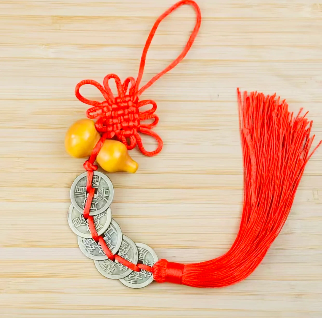 Fengshui Wooden Gourd, Brass coin Money Chinese Knot hanging.