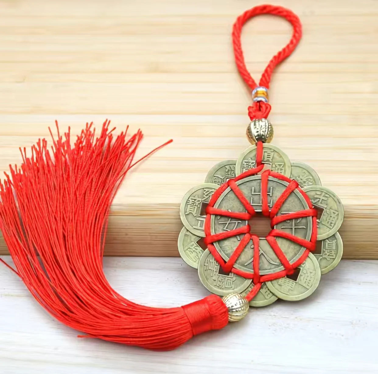 FengShui 12 Coins Pendant With Red Chinese Wealth Knot Hanging.