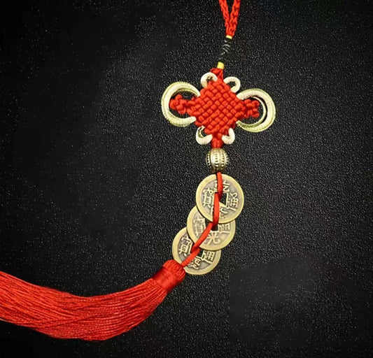 FengShui 3 Coins Pendant With Red Chinese Wealth Knot Hanging.